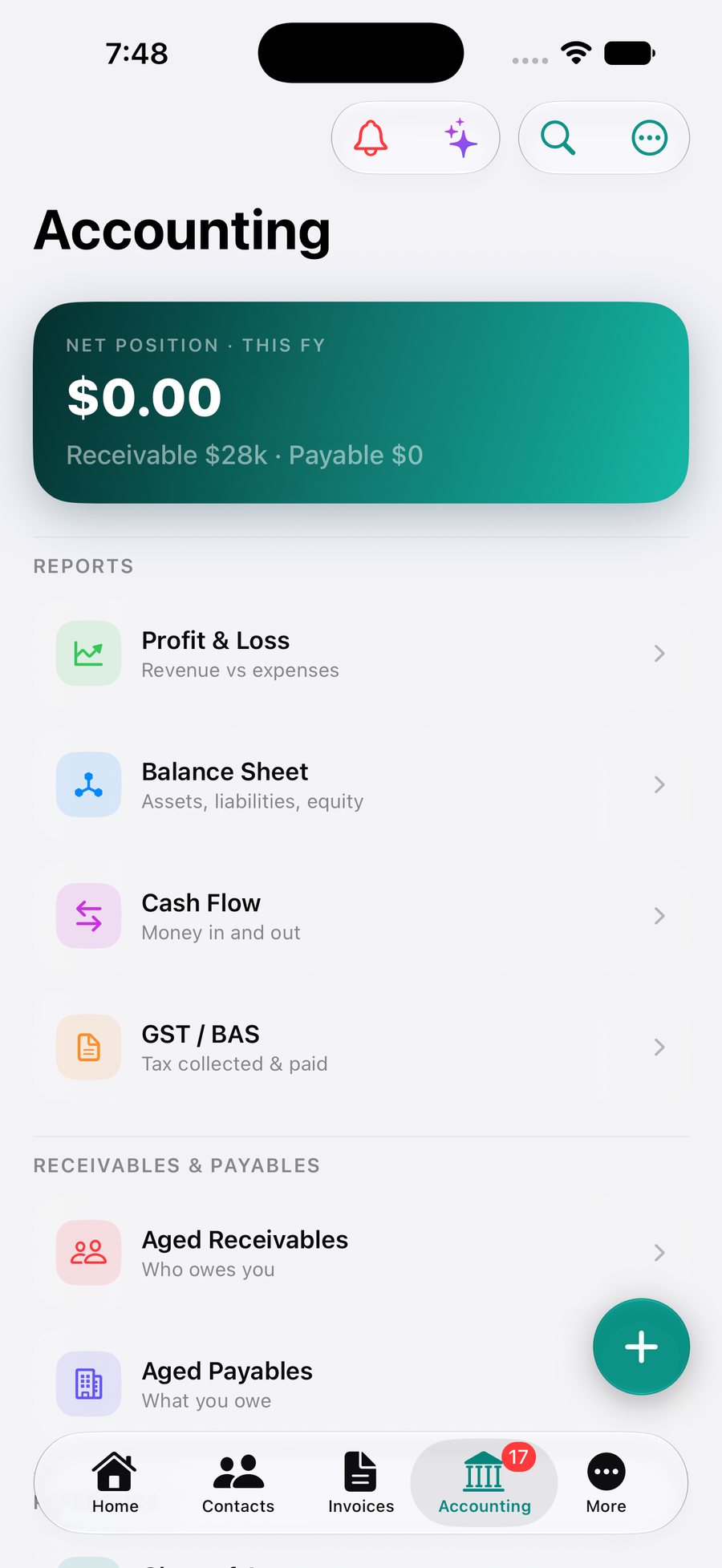 The OneBookPlus mobile accounting hub with Profit & Loss, Balance Sheet, Cash Flow and GST/BAS reports