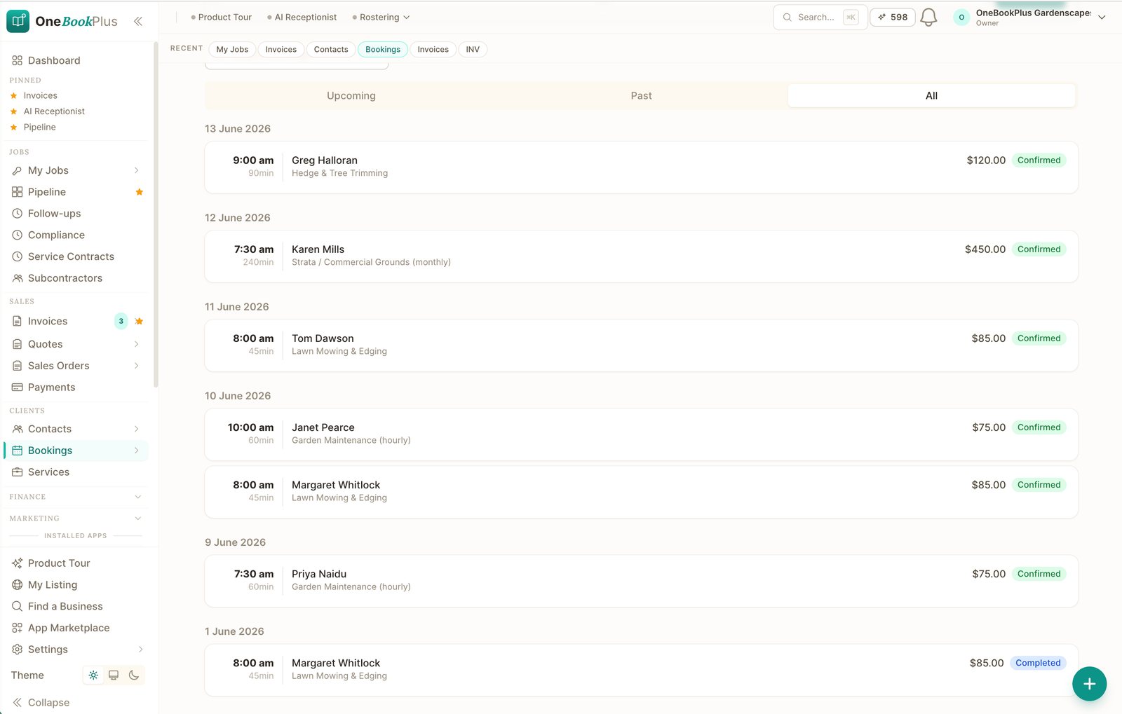 The OneBookPlus bookings list showing confirmed jobs by date