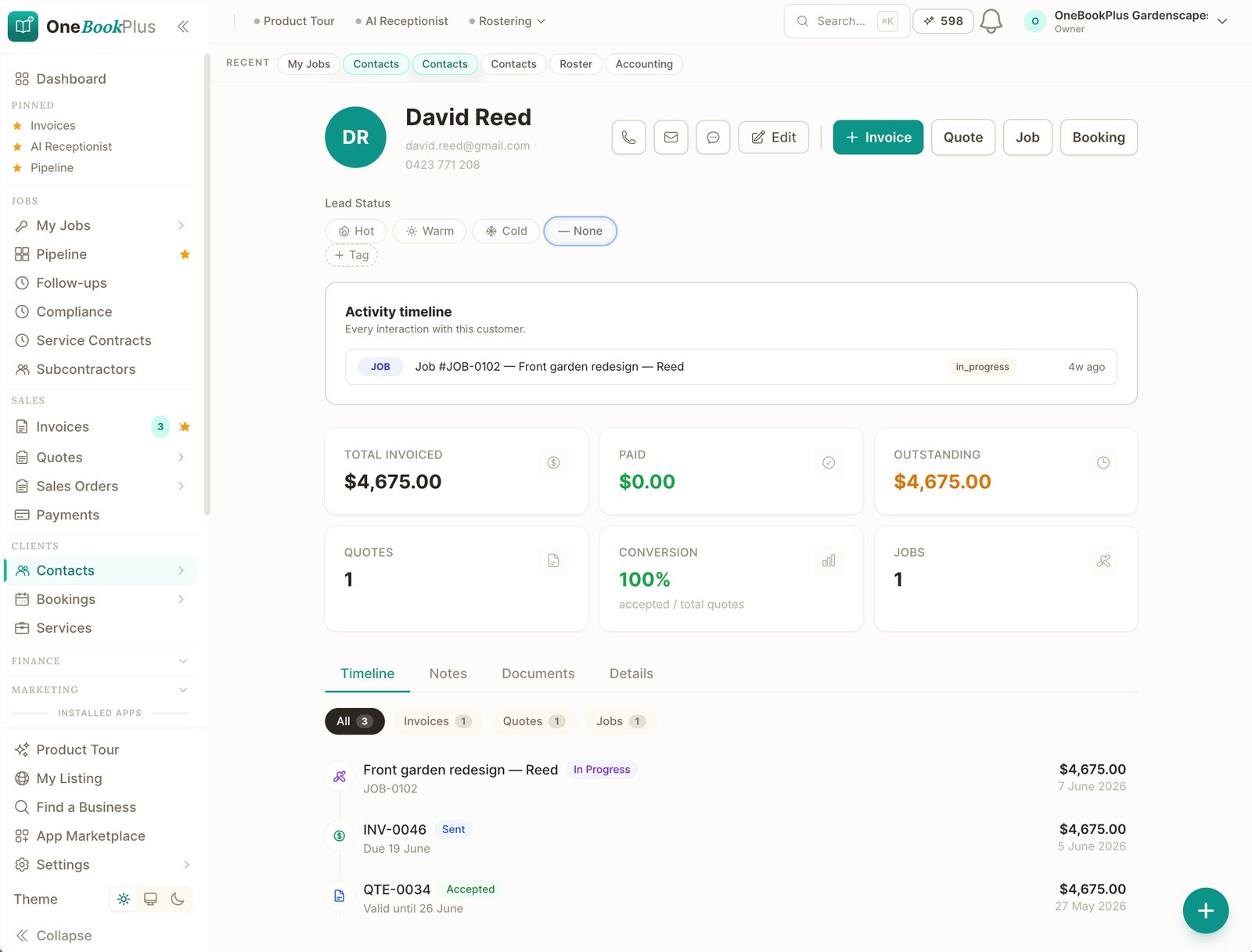 A OneBookPlus customer record showing every quote, invoice and job for one client in one connected view