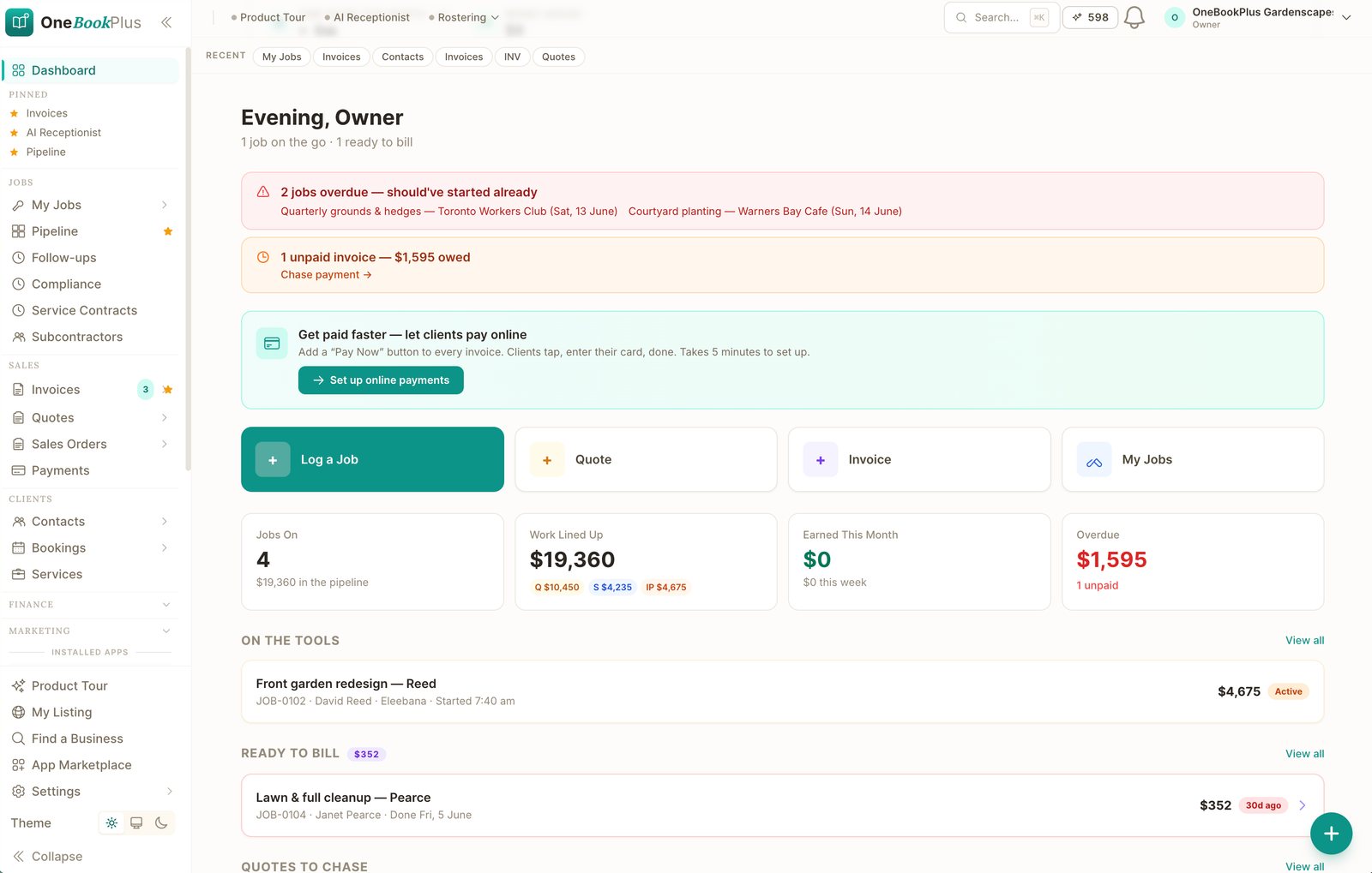 The OneBookPlus dashboard: jobs on, work lined up, overdue invoices and a prompt to set up online payments