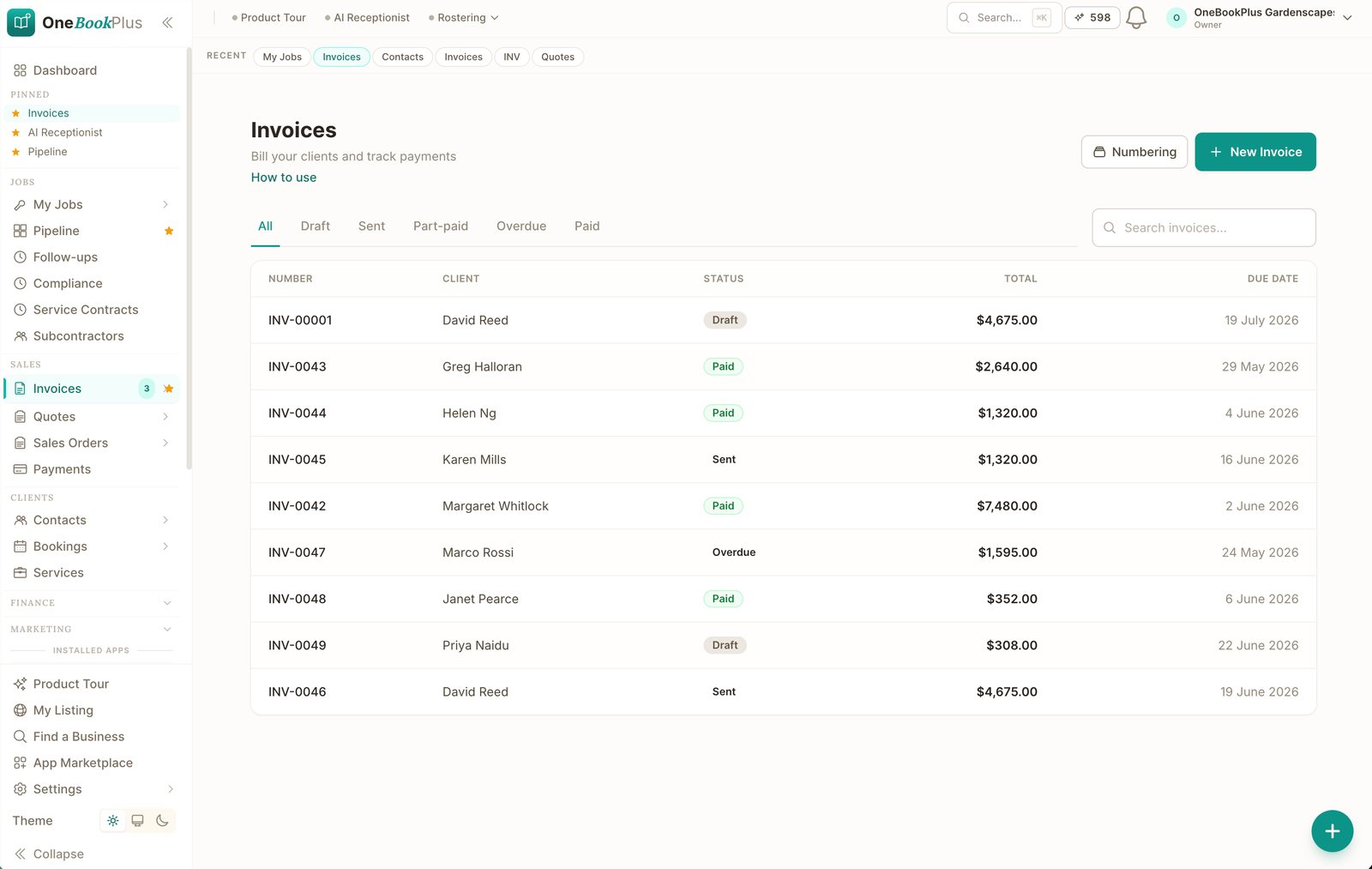 The OneBookPlus invoice list filtered by status: Draft, Sent, Part-paid, Overdue and Paid