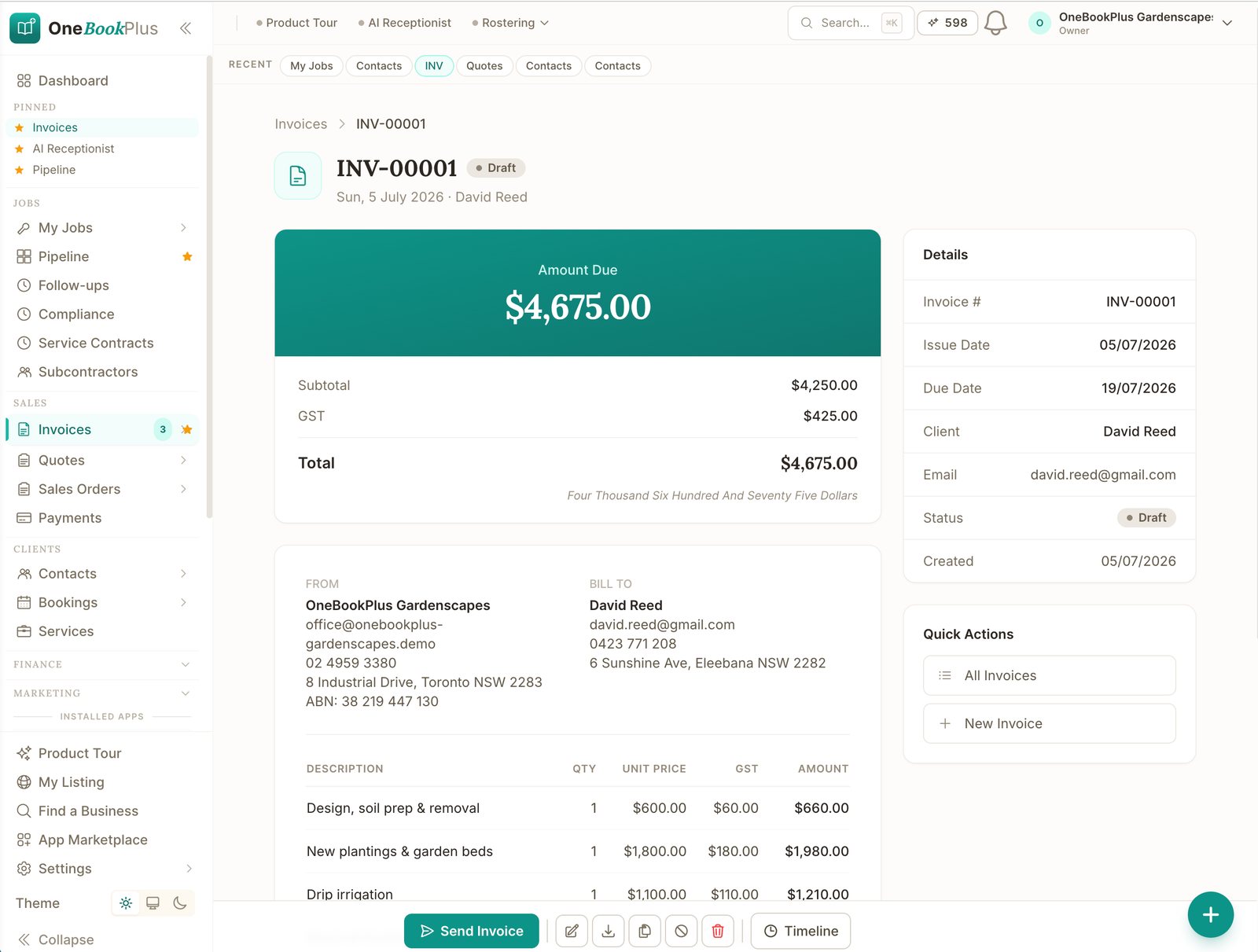 An invoice in OneBookPlus pre-filled from the accepted quote — same line items and GST, no re-typing
