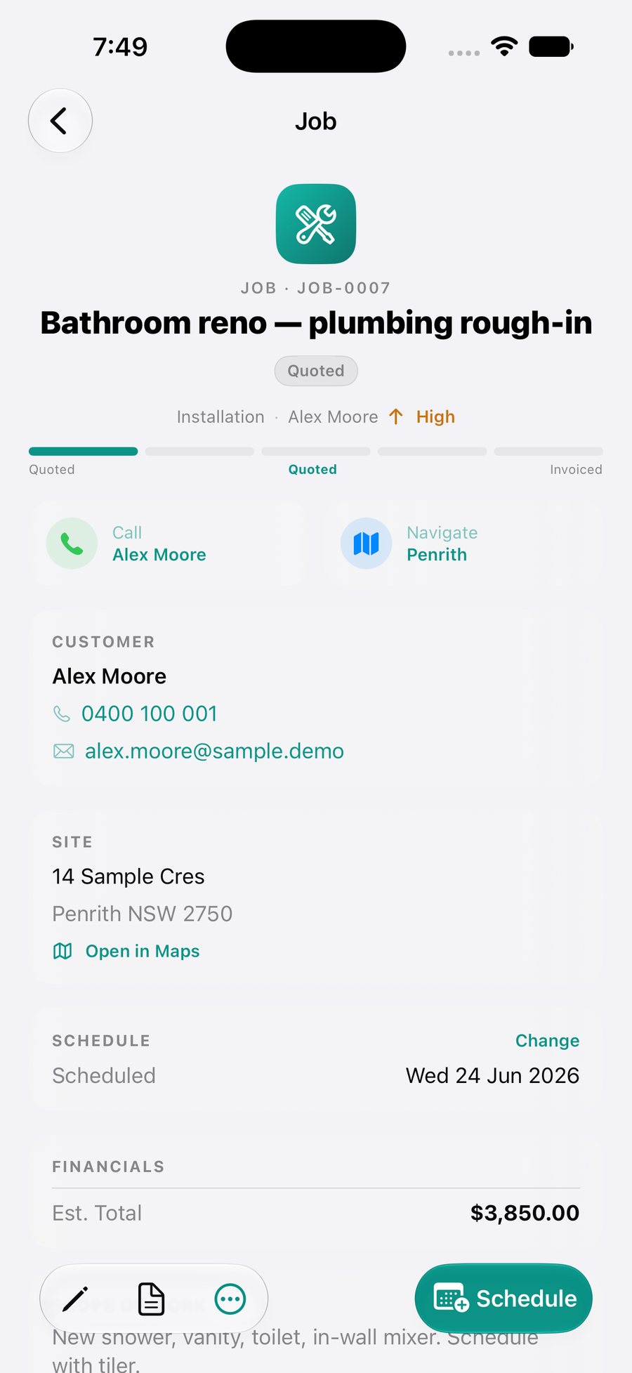 A job in the OneBookPlus mobile app with the customer, site, schedule and estimated total, and a Quoted-to-Invoiced progress bar