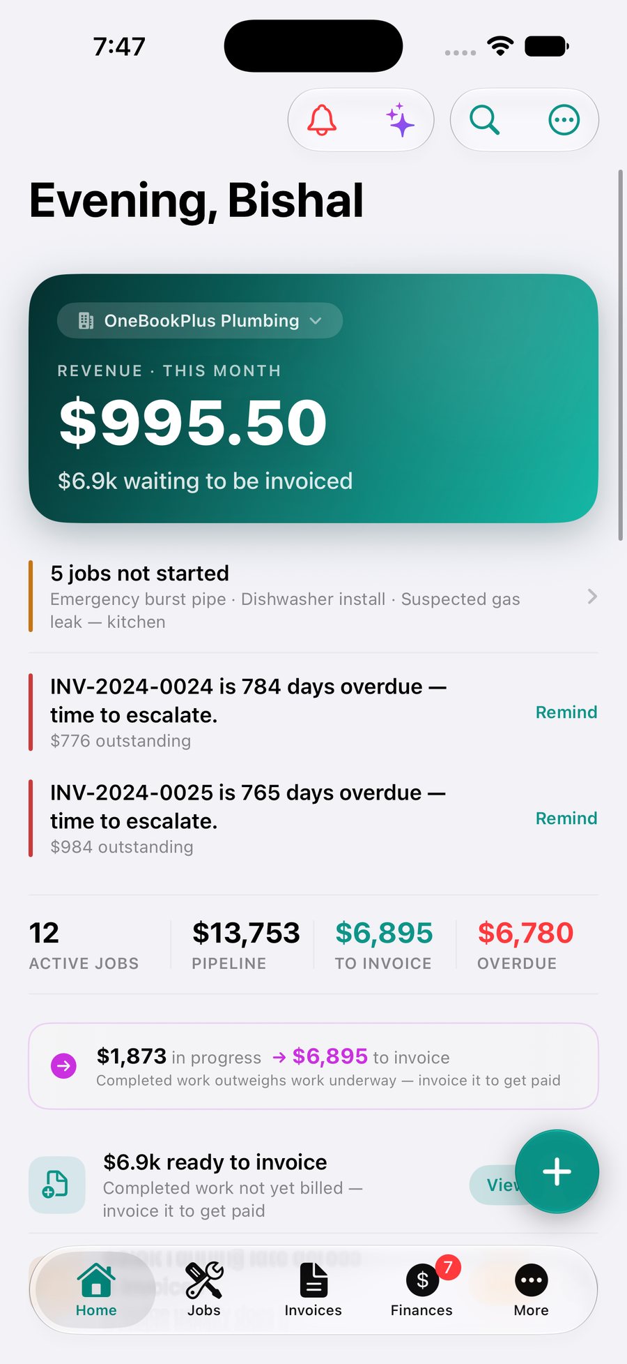 The OneBookPlus mobile home screen: this month's revenue, active jobs, pipeline and overdue invoices