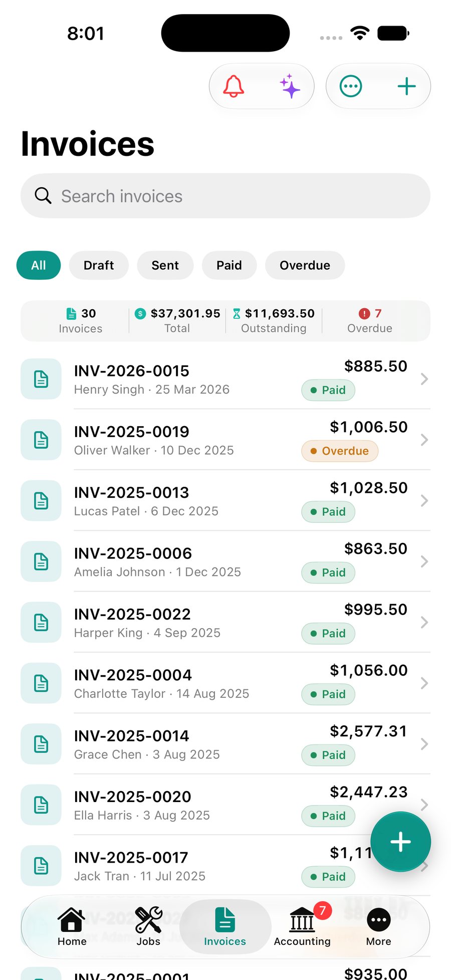 The OneBookPlus mobile invoice list with totals outstanding and overdue at a glance