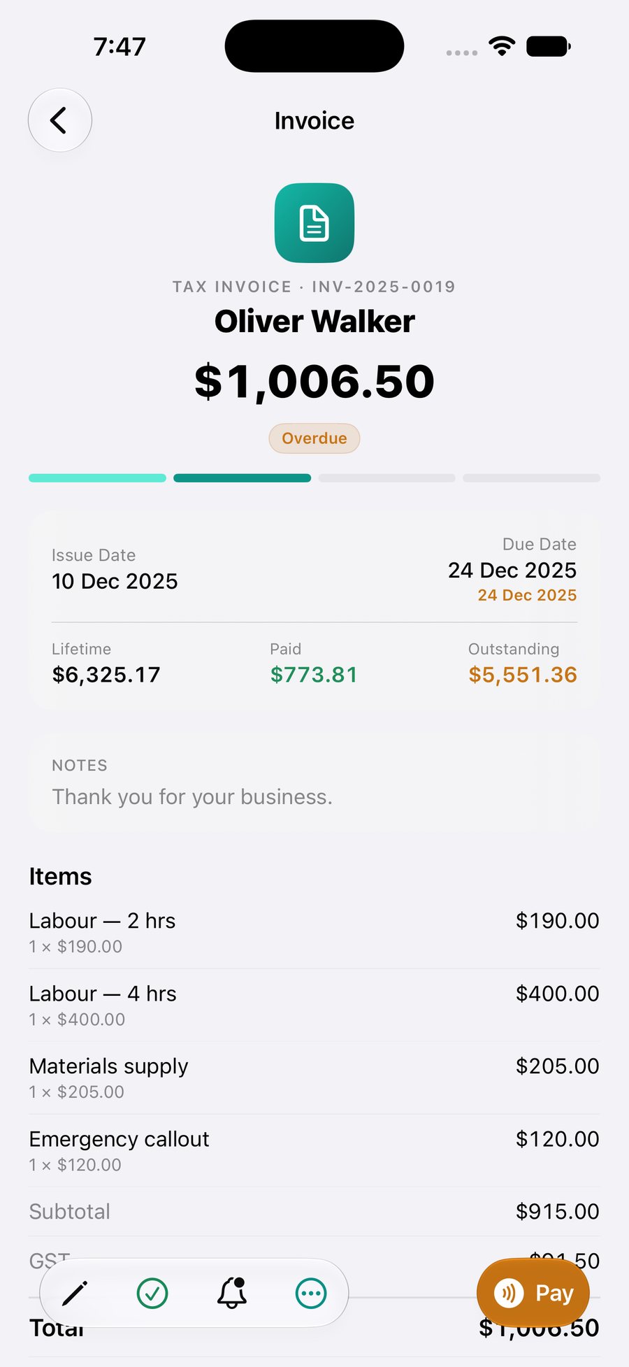 A tax invoice in the OneBookPlus mobile app with a Tap to Pay button to take a card payment on the spot