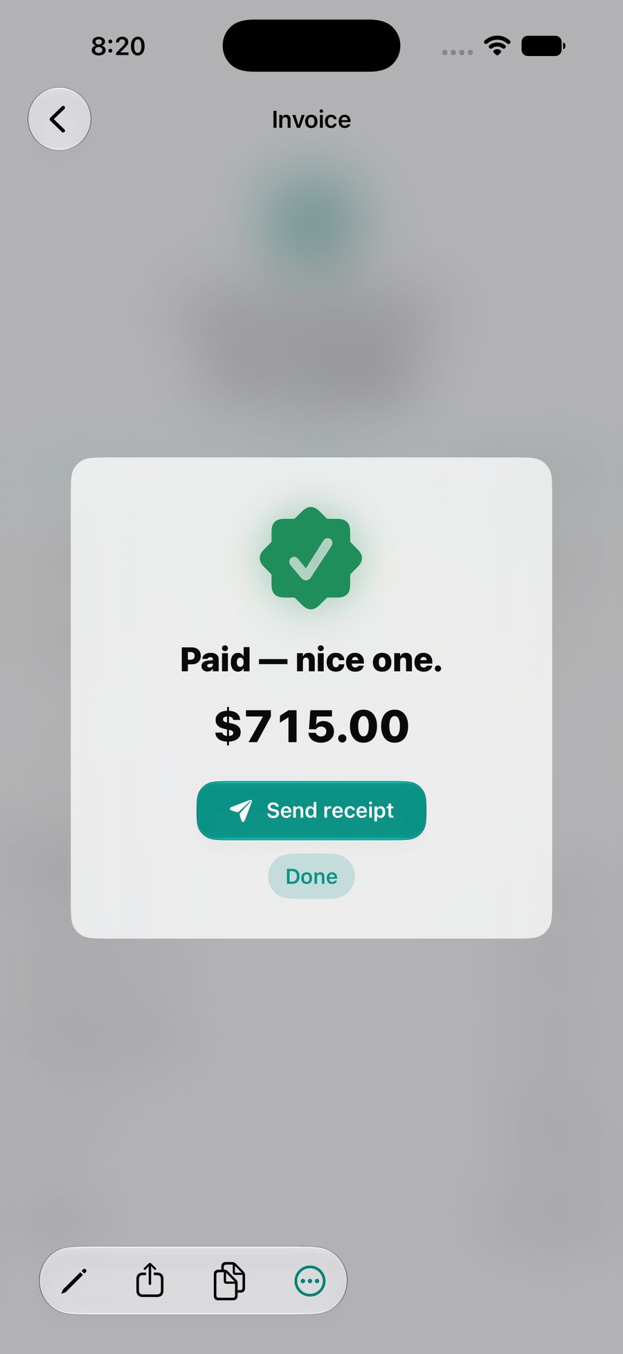 The OneBookPlus app confirming an invoice is paid, with a Send receipt button