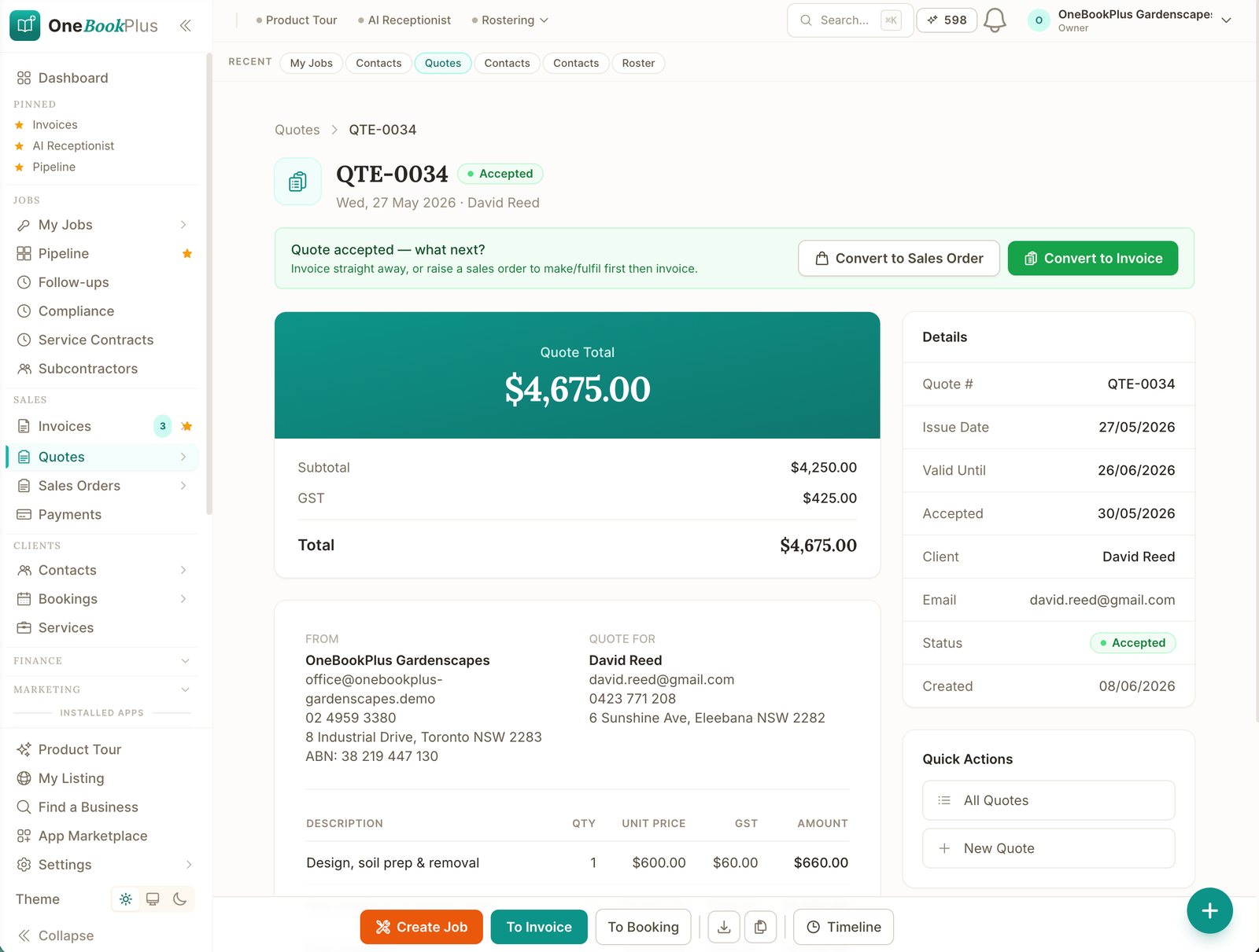 An accepted quote in OneBookPlus with a one-click Convert to Invoice button and automatic 10% GST