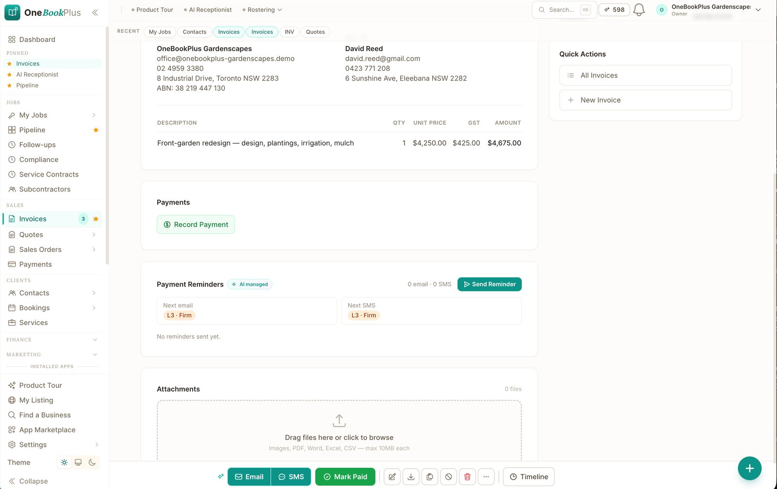OneBookPlus AI-managed payment reminders, with the next email and SMS auto-escalating in tone as the invoice ages